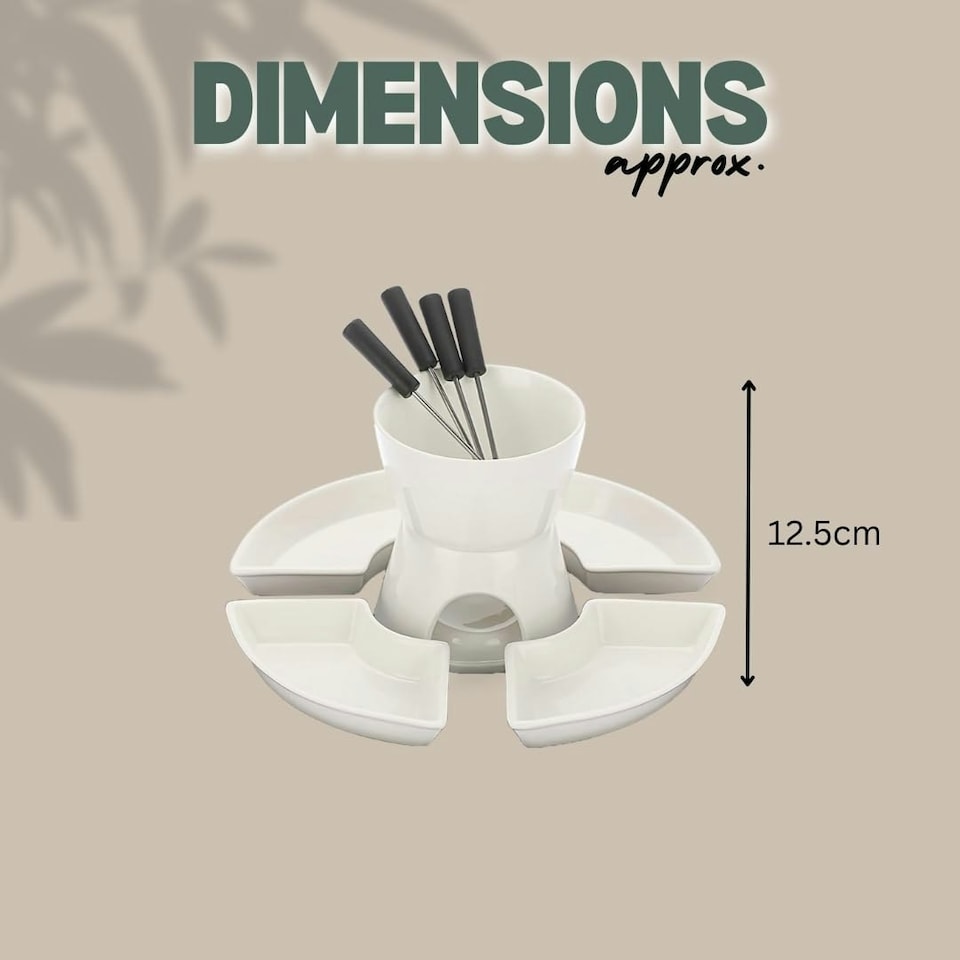 image 1 of Marco Paul 10pc White Ceramic Chocolate Fondue Set with Stainless-Steel Forks and 4 Half Moon Serving Dishes