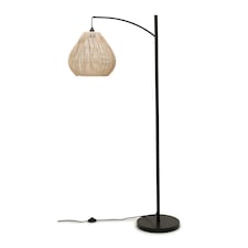 ValueLights Preto Black Metal Curve Stem Floor Lamp with a Natural Wicker Rattan Teardrop Shade | Cream