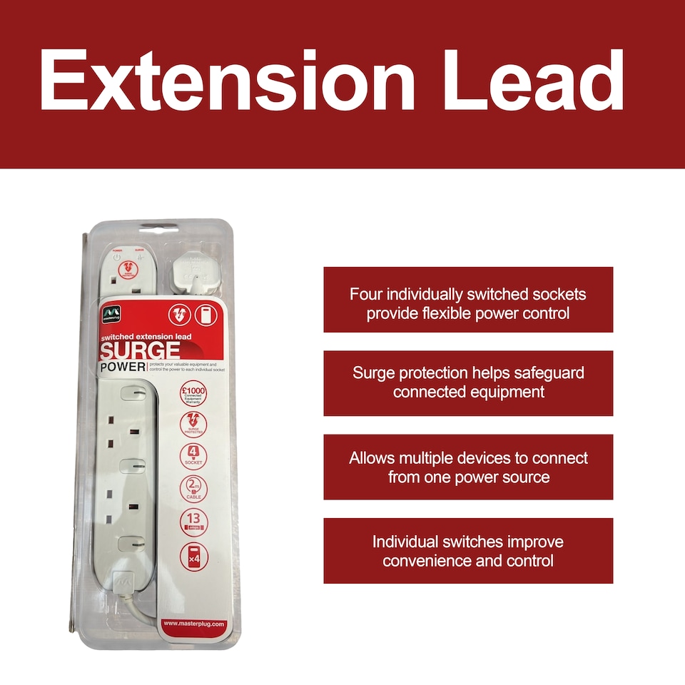 image 1 of Masterplug 4 Socket Surge Protected Extension Lead With Individual Switches