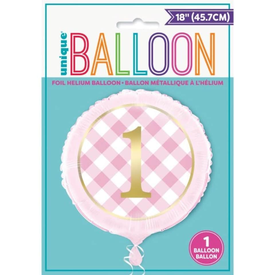 image 1 of Pink Gingham 1st Birthday Round Foil Balloon 18"