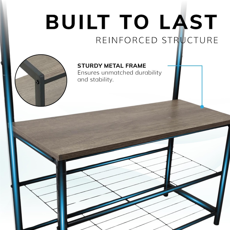 image 1 of House of Home Coat Rack Stand with Shoe Storage Bench 9 Hooks Rustic Light Brown Entrance Hall | Brown | Light Brown