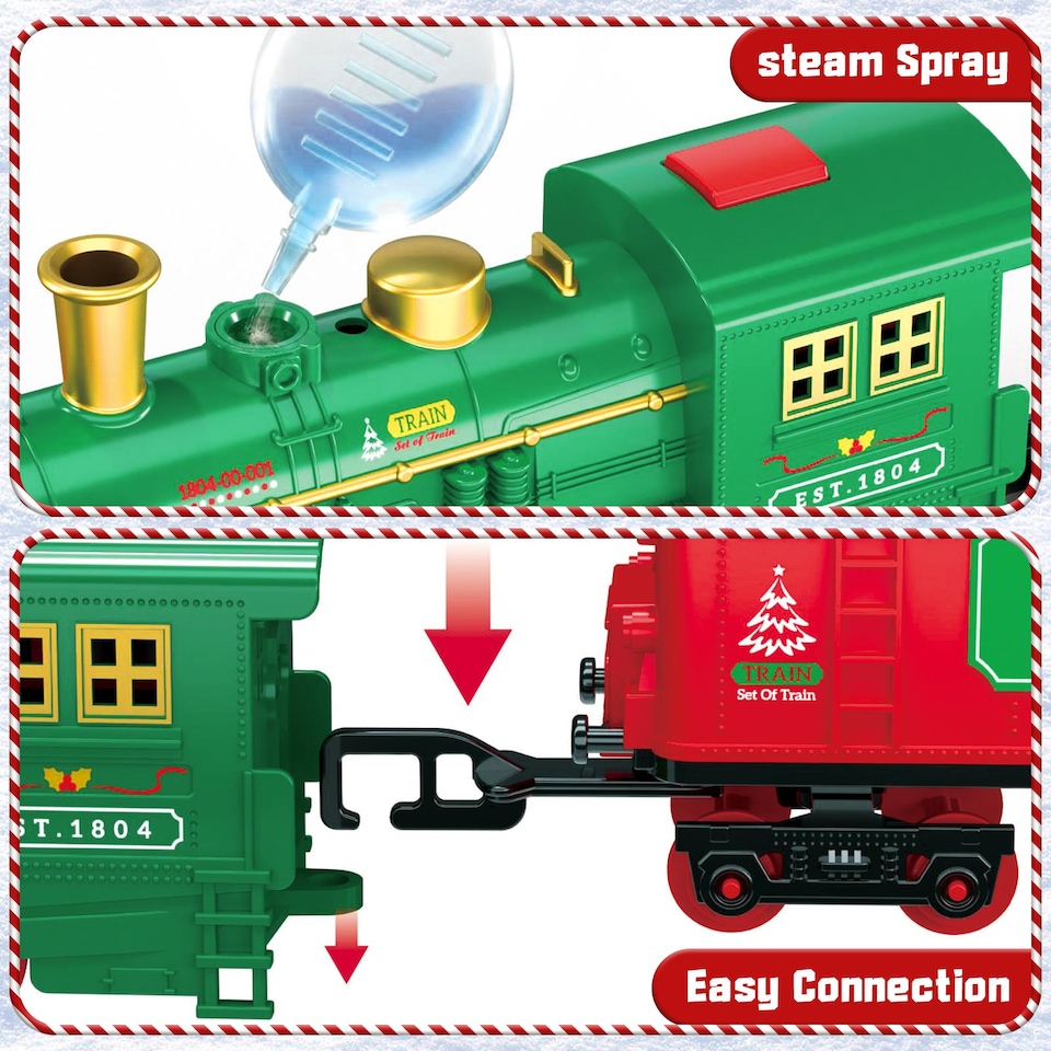 image 1 of Christmas Train Set with Steam, Lights & Music – Electric Holiday Toy Train with Realistic Smoke, 1 Locomotive + 4 Carriages + 12 Tracks