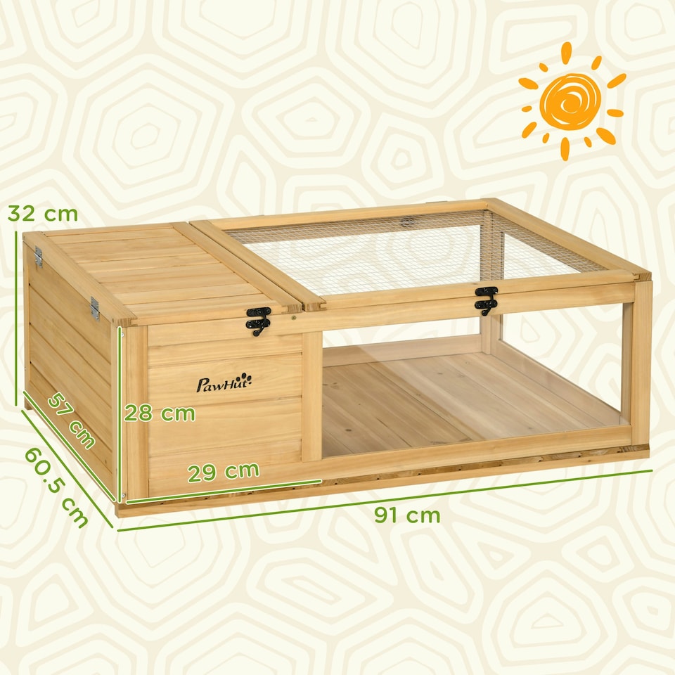 image 1 of PawHut Tortoise House w/ Mesh Roof, Small Pet Reptile Wooden House - Yellow