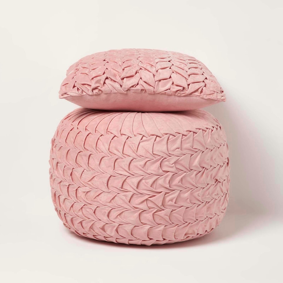 image 1 of Homescapes Grace Pleated Pink Velvet Cushion - 45 x 45 cm | Multi | 45 x 45 cm | 1