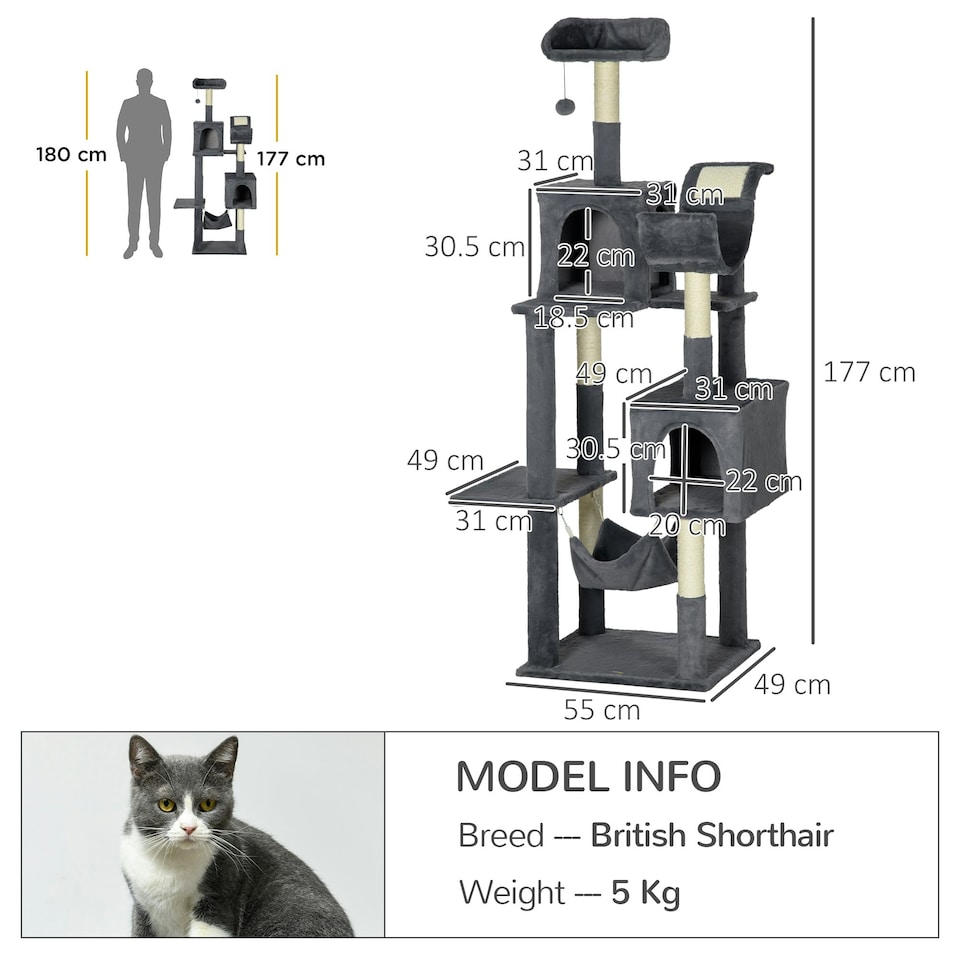 image 1 of PawHut 177cm Cat Tree for Indoor Cats, Modern Cat Tower Dark Grey