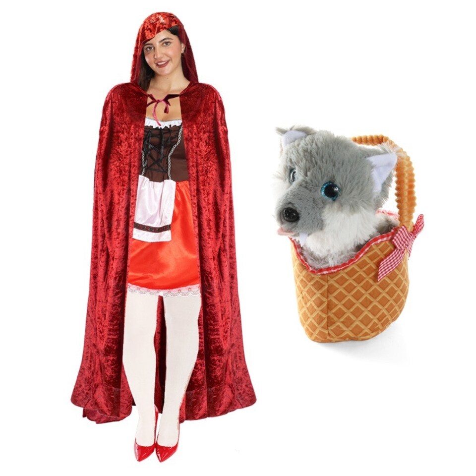 image 1 of Red Riding Hood Costume - Dress, Cape, Tights & Wolf in Basket Red | S