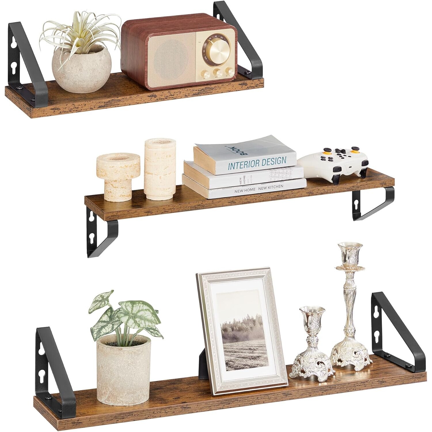 Set of 3 Floating Wall Shelves Display Rack, Rustic Brown and Matte Black