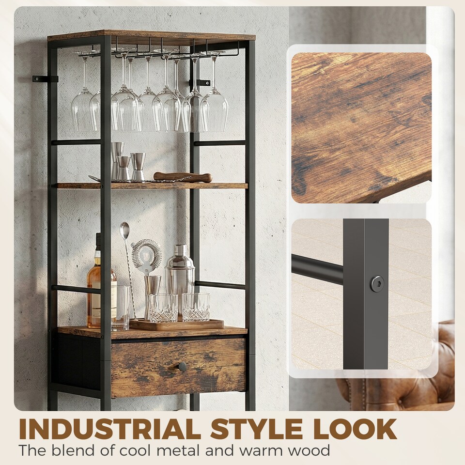 image 1 of HOMCOM Industrial Wine Bar Cabinet 16-Bottle Wine Rack, Drawer Rustic Brown