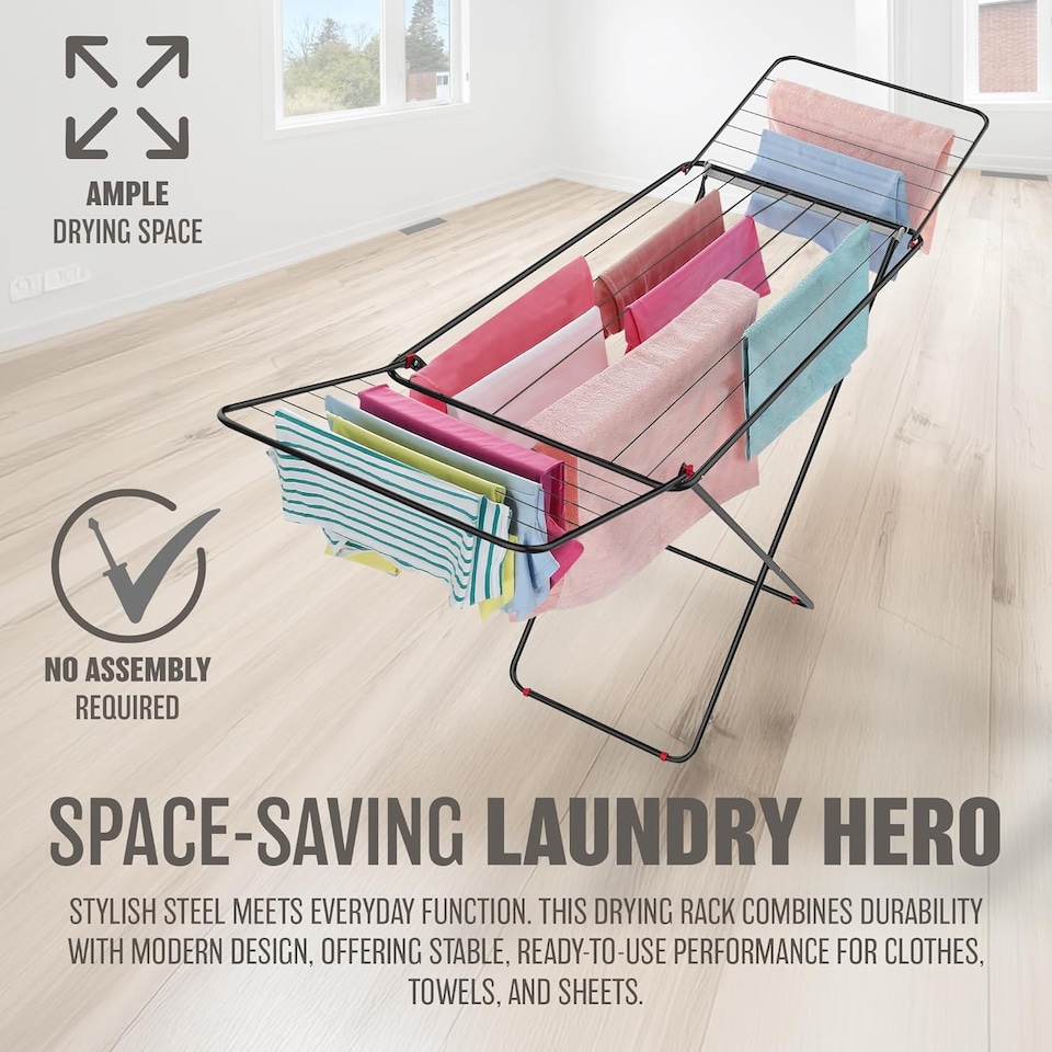 image 1 of 18m Cloth Dryer Rack Stand Towel Rail Airer Concertina Laundry Washing Winged