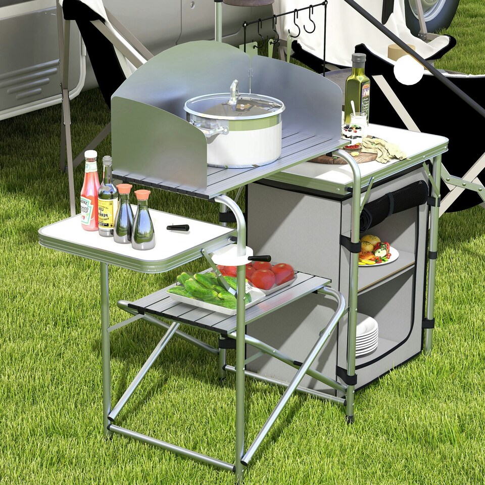image 1 of Outsunny Camping Kitchen with Cupboard Folding Camping Table with Carrying Bag