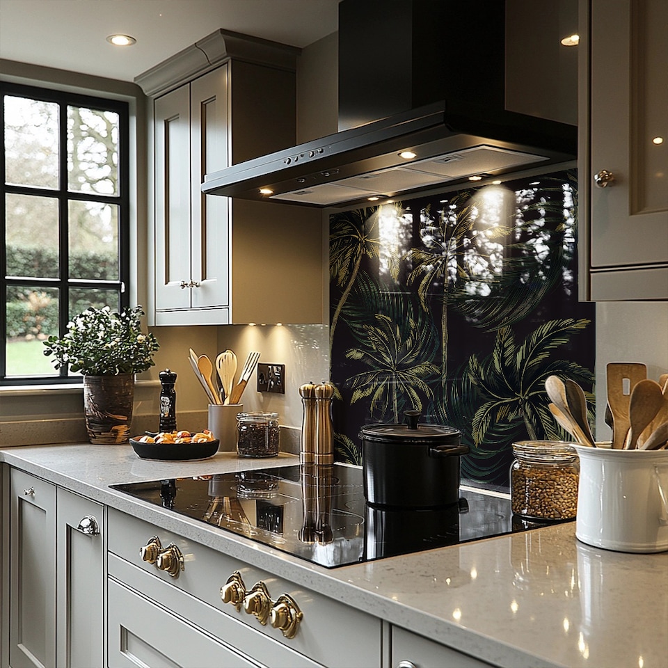 image 1 of Green Palm On Black Splash Back | White