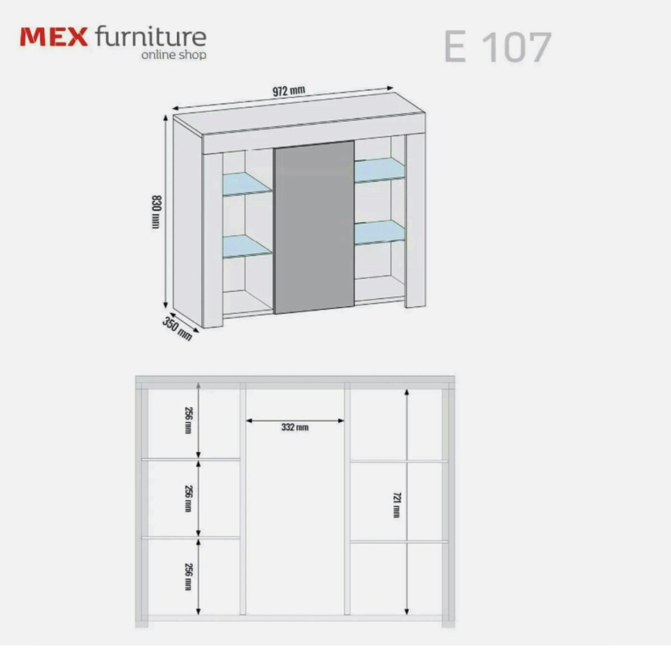 image 1 of Sideboard 97.5cm White Gloss Door White Matt Body Glass Shelves Free LED White