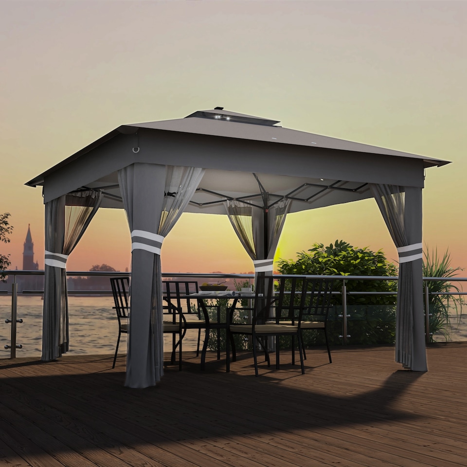 image 1 of Outsunny 3.36 x 3.36m Pop Up Gazebo with Sides, 20 SolarPowered LED Lights, Netting, Roller Bag, 4 Weight Bags, Marquee Party Tent, Height Adjustable Instant Event Shelter, Grey