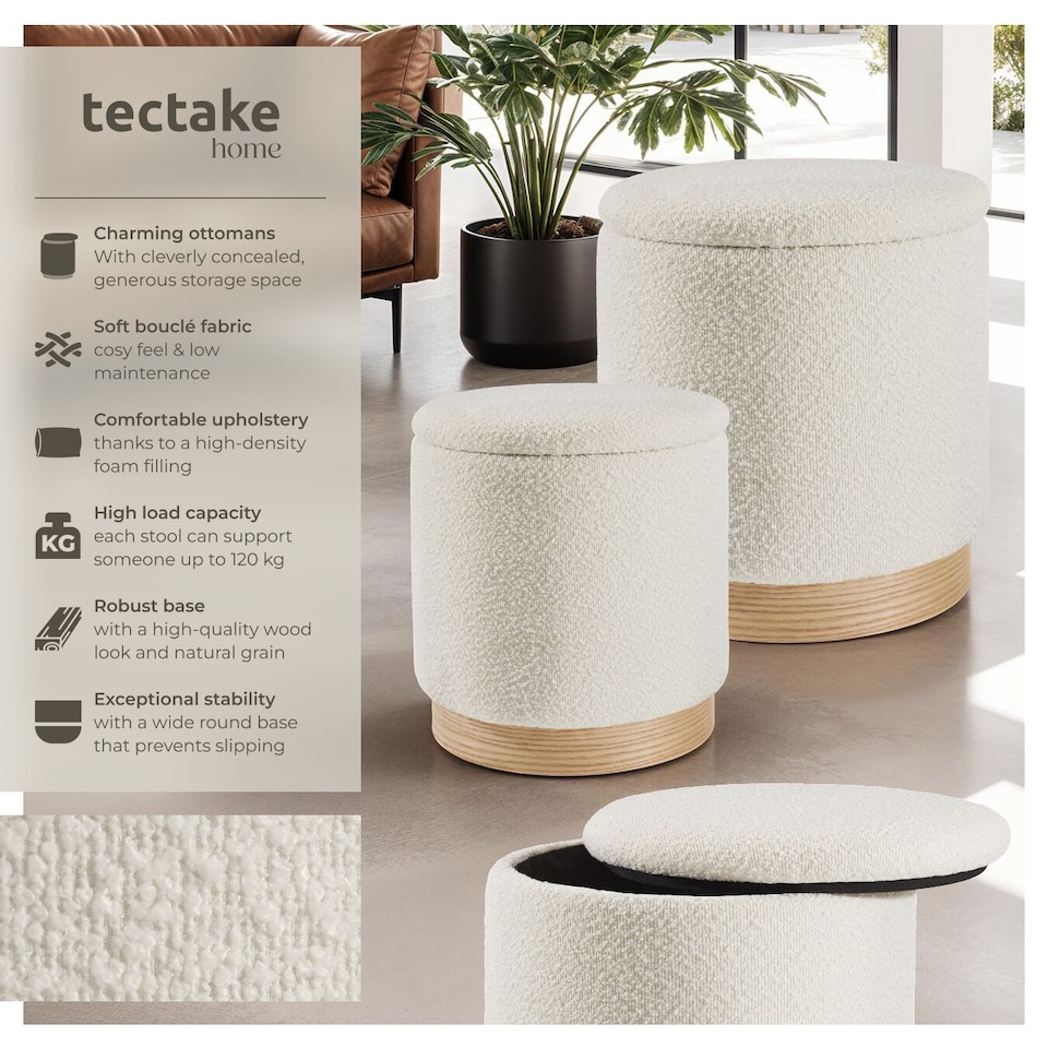 image 1 of Stools Orchid Set of 2 - padded, boucle cover footstools, large storage space