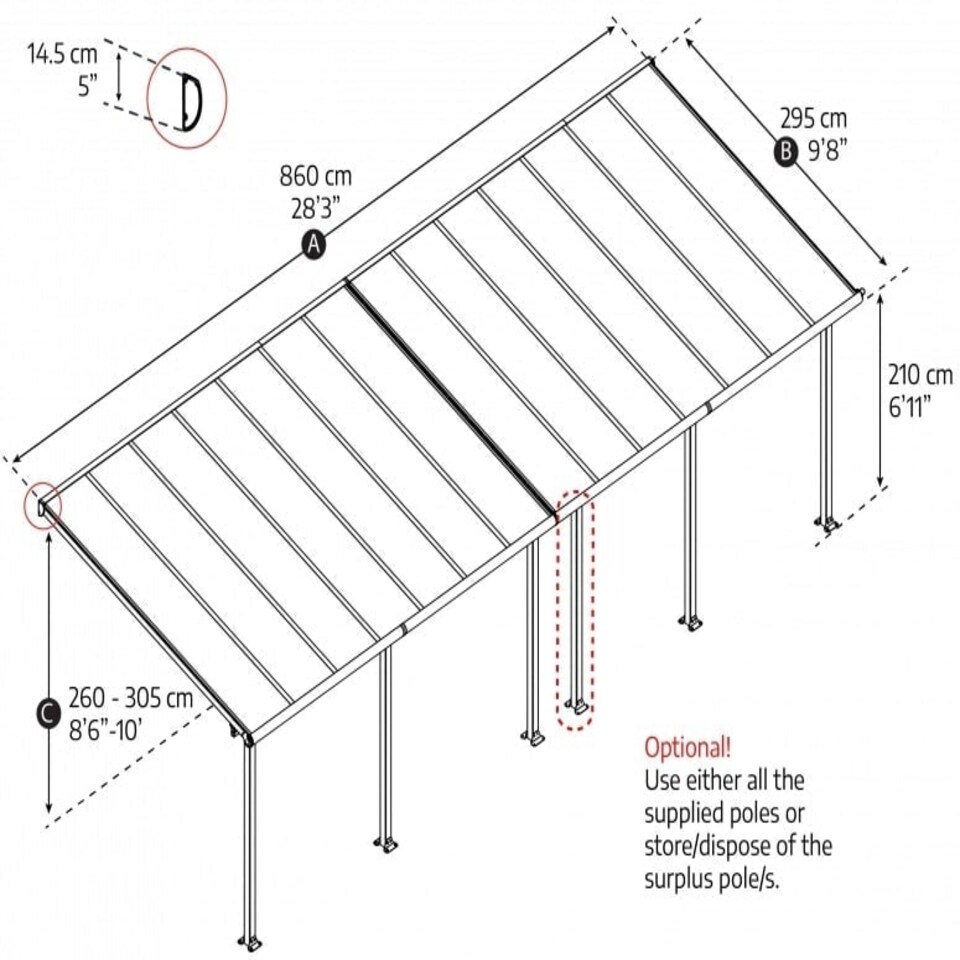 image 1 of Patio Cover Olympia 3 x 8.51 Clear - Polycarbonate - L860 x W300 x H305 cm - Grey Grey