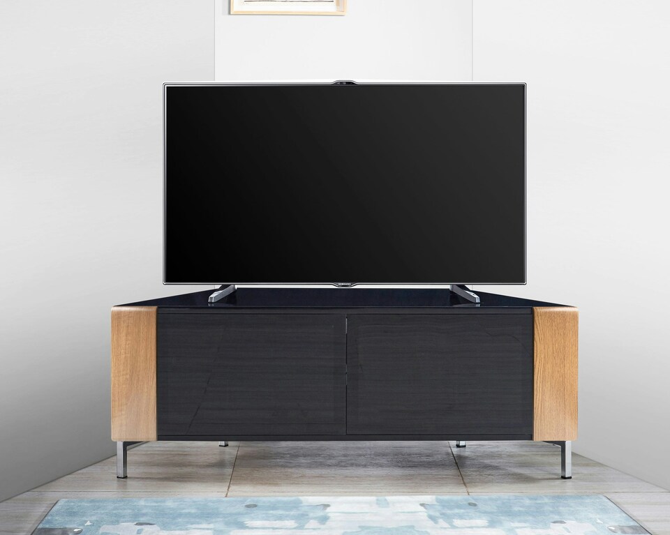 image 1 of MDA Designs CORVUS Corner-Friendly Gloss Black Contemporary Cabinet with Oak Profiles Black BeamThru Glass Doors Suitable for Flat Screen TVs up to 50" | Multi | 1