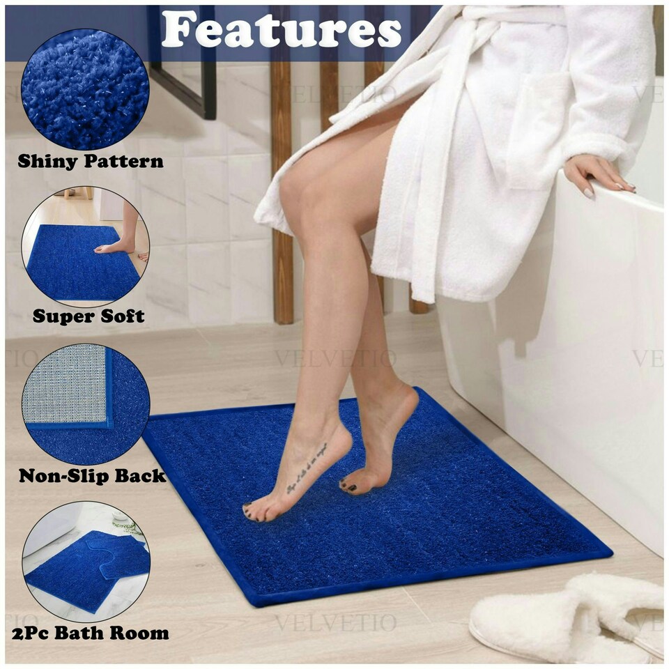 image 1 of VELVETIO Shiny Sparkling Bath Set Anti Slip Pedestal Mat Bathroom Rugs Blue | Royal Blue