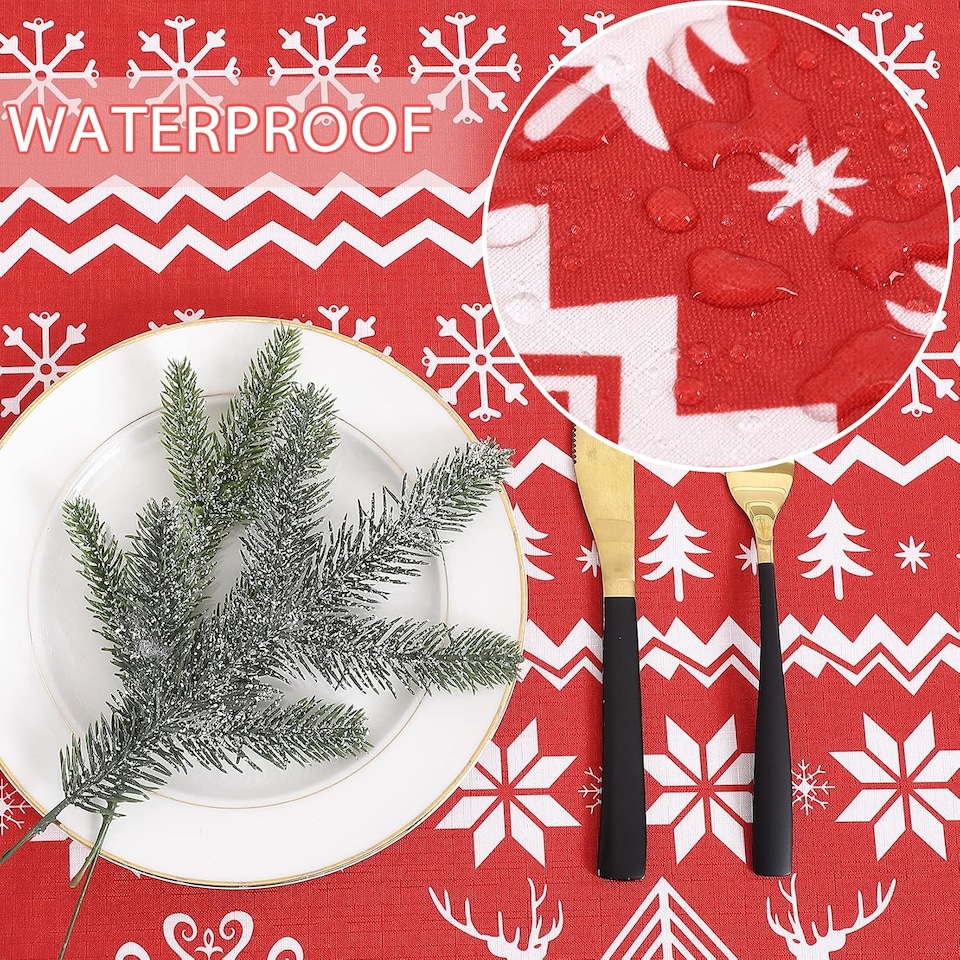 image 1 of London Boutique Round Christmas Tablecloth, Stain‑Resistant Wrinkle‑Resistant, Snowflake and Reindeer Print, Red, 60 in