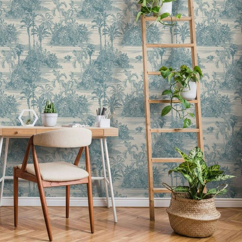 image 1 of Muriva Eden Collection Tropical Toile Wallpaper - Blue - 10m x 53cm