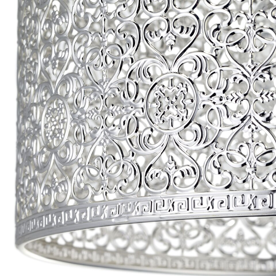 image 1 of Ornate Moroccan Style Decorated Shiny Silver Metal Pendant Shade 25cm x 15cm | Silver | Silver | 1