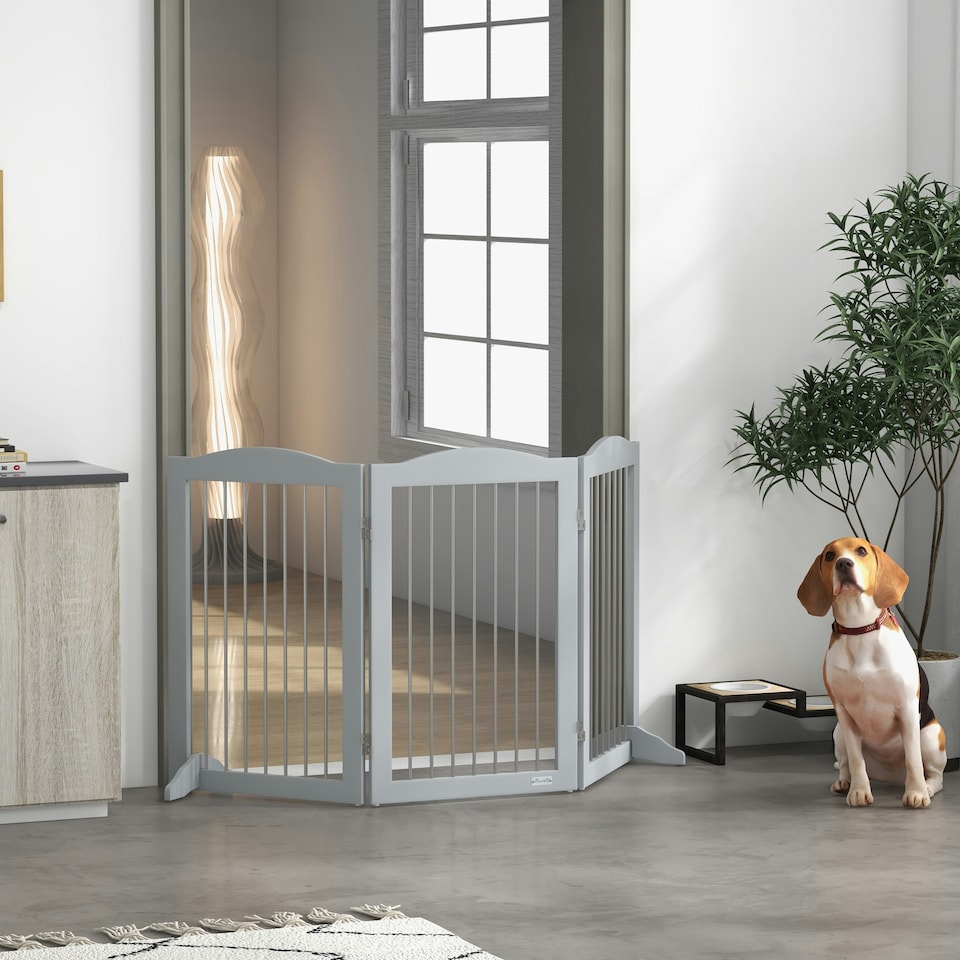 image 1 of PawHut Foldable Dog Gate, Freestanding Pet Gate with Two Support Feet - Grey