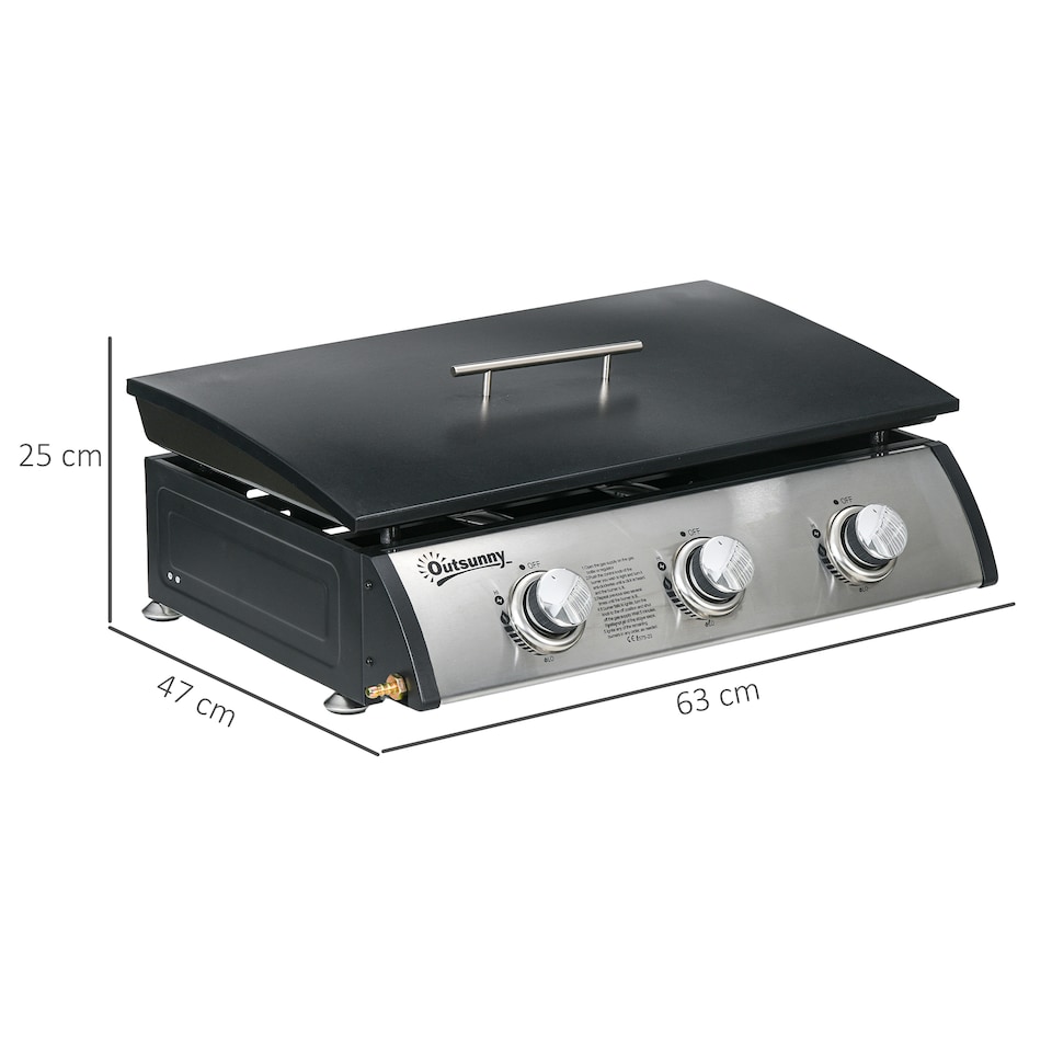 image 1 of Outsunny Gas Plancha Barbecue Grill with 3 Stainless Steel Burner, 7.5kW, Portable Tabletop Gas BBQ with NonStick Griddle and Lid for Camping Picnic Garden Party Festival