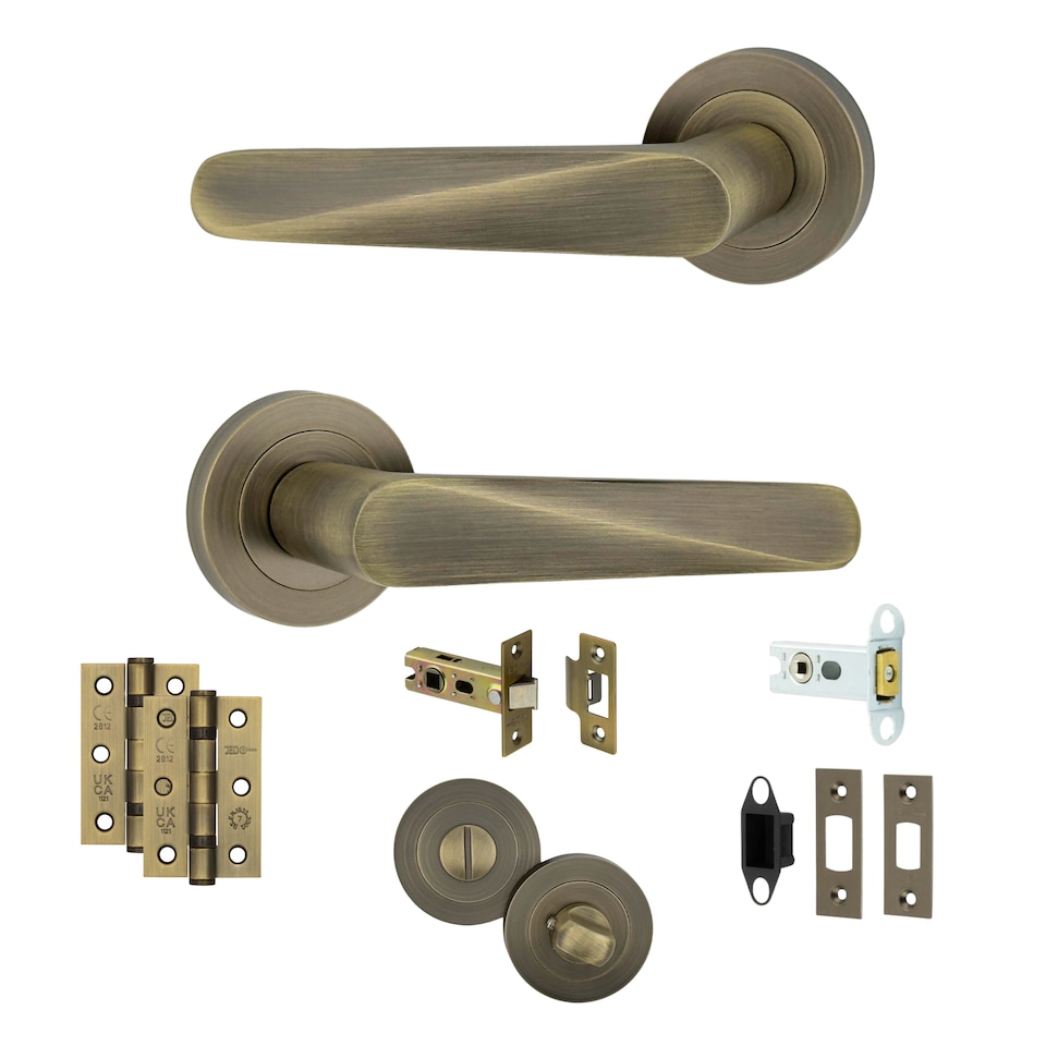 image 1 of AXS Detroit Door Handles on Rose - Door Pack - Bathroom Door - Antique Brass