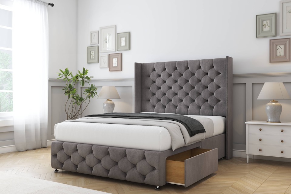 image 1 of Sloomy Luthor Slate Naples Divan Bed With Mattress 2 Drawers Footend With 54" Wingback Headboard & 12" Matching Footboard 5' King | Grey | Slate | King | 1