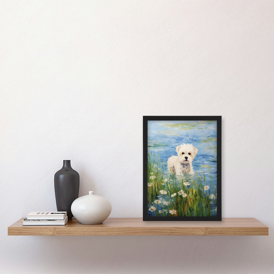 image 1 of Maltese Dog Claude Monet Style Oil Portrait Black Framed Wall Art Print A4