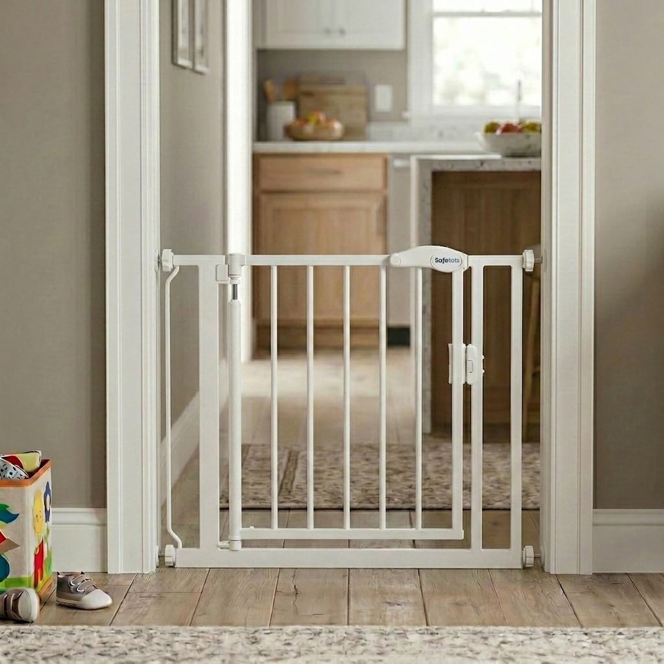 image 1 of Safetots Pressure Fit Self Closing Stair Gate, 75cm - 82cm, White, Auto Closing Baby Gate, Safety Barrier for Toddler, Easy Installation