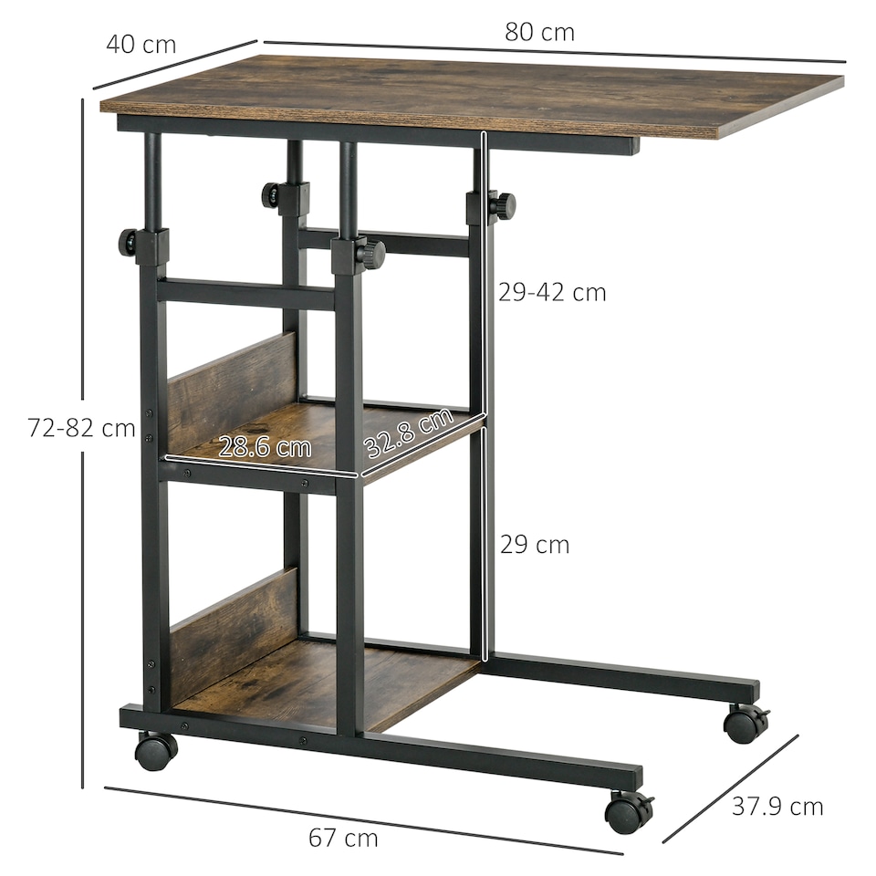 image 1 of HOMCOM C-Shaped Side Table Industrial Mobile Rolling End Desk with 3-Tier Storage Shelving, Adjustable Height, Wheels