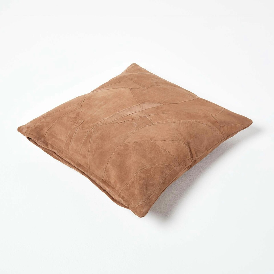 image 1 of Homescapes Tan Brown Real Leather Suede Cushion with Feather Filling - 45 x 45 cm Brown