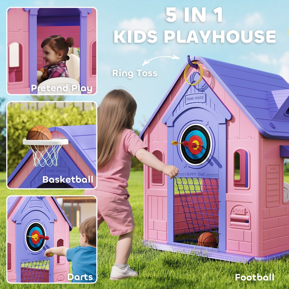 image 1 of AIYAPLAY 5-in-1 Playhouse for Kids Outdoor Indoor, Garden House with Basketball Hoop, Football, Dartboard, Ring Toss, Wendy House for Kids 2-5 Years Old | Pink