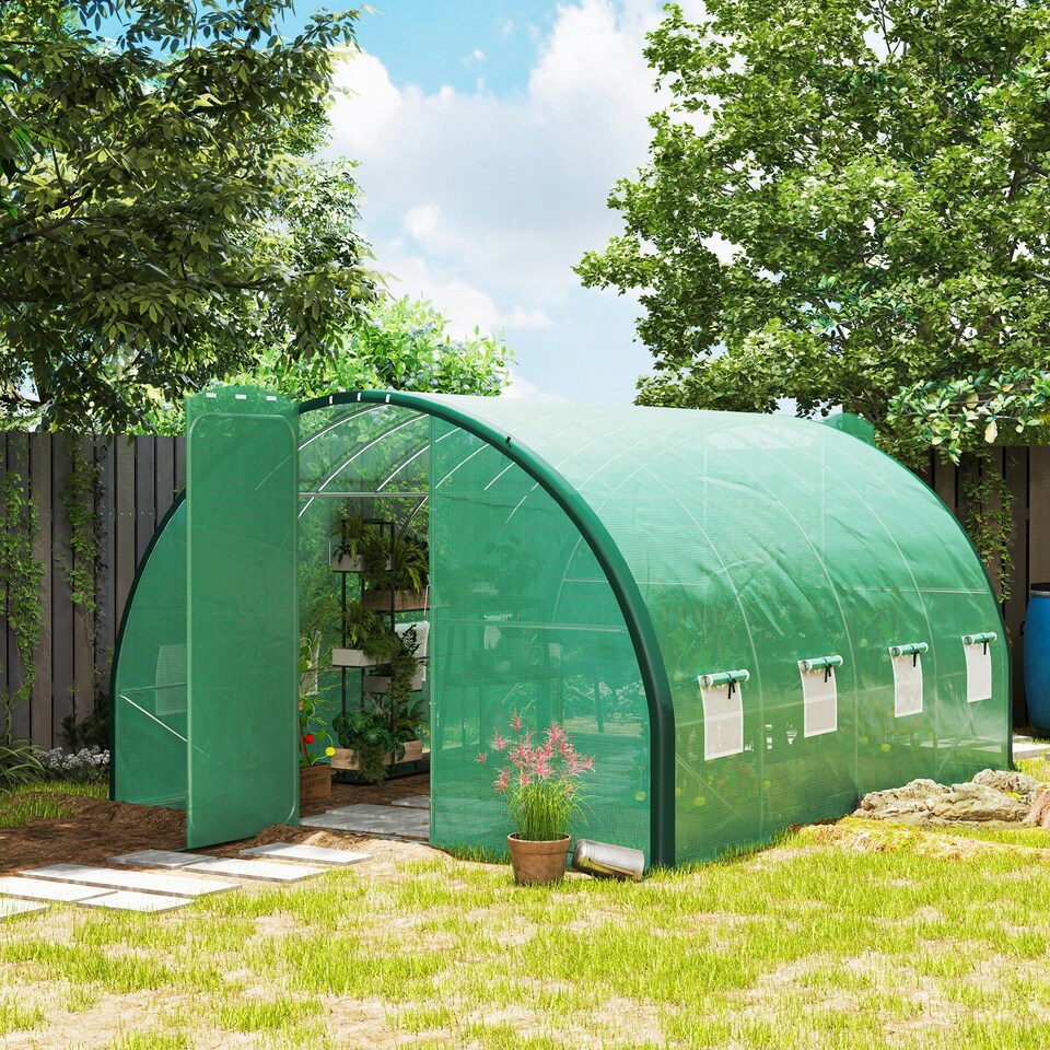 image 1 of Outsunny Tunnel Greenhouse Upgraded Structure, Hinged Doors, 4 x 3(m), Green