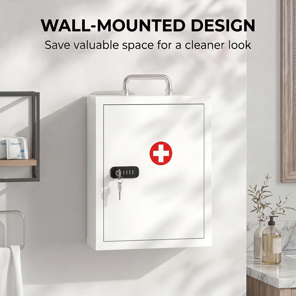 image 1 of HOMCOM Medicine Cabinet, Medical Cabinet w/ Combination and Key Lock, White