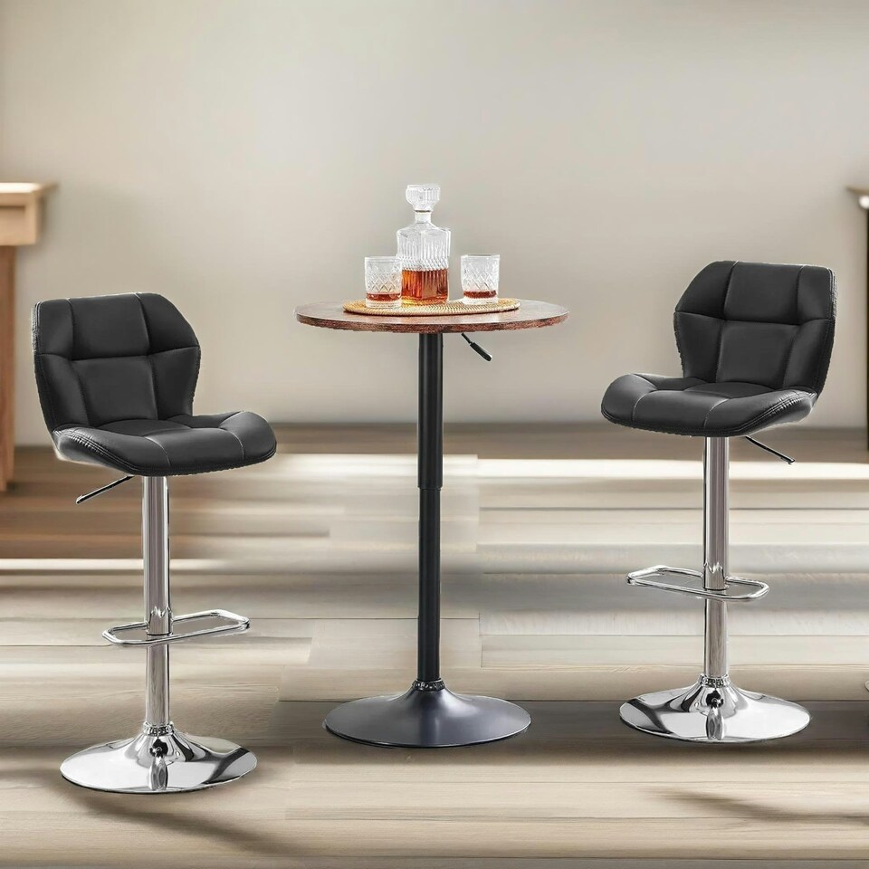 image 1 of Set Of 2 Height Adjustable 360 Swivel Barstools With Backrest Black Black