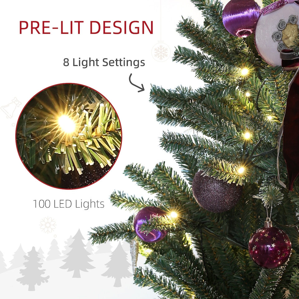 image 1 of HOMCOM 5ft Artificial Prelit Christmas Tree with Warm White LED Lights and 486 Tips, Metal Stand, Xmas Tree with Purple Ornaments for Home Office Holiday