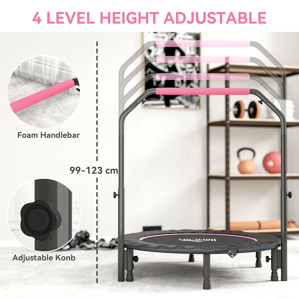 image 1 of HOMCOM 45" Foldable Mini Trampoline Fitness Trampoline Rebounder for Adults with Adjustable Foam Handle, for Indoors, Outdoors, Cardio Training, Pink | Pink