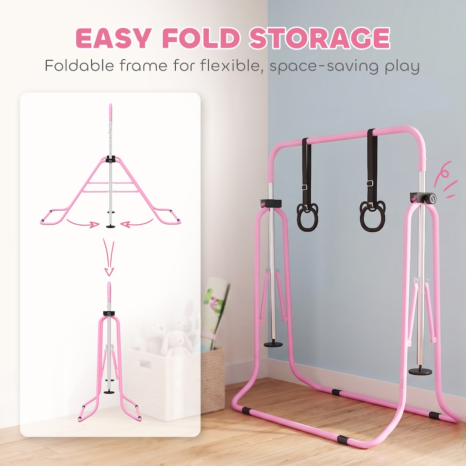 image 1 of HOMCOM Adjustable Height Foldable Kids Gymnastics Bar, Pink