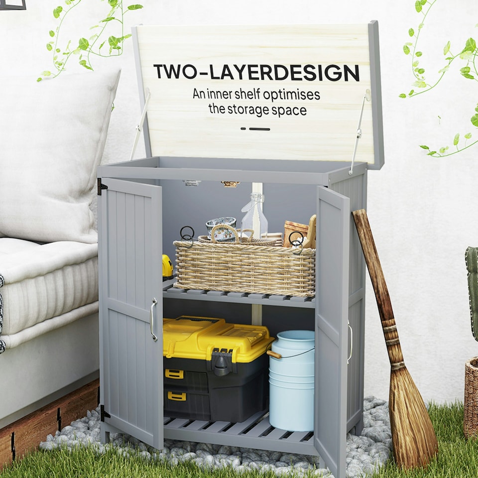 image 1 of Outsunny Wooden Garden Storage Shed w/Hinged Roof and Shelf, Grey