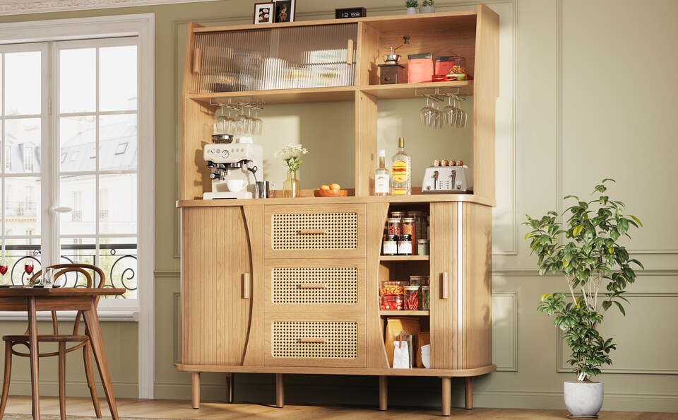 image 1 of VILUXE Tall Kitchen Storage Cabinet with Rattan-Effect Drawers and Glass Sliding Doors, 140 cm, Natural Wood