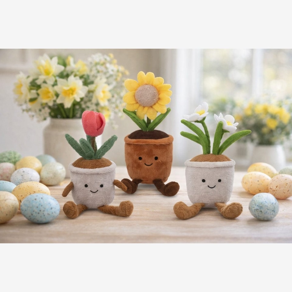 image 1 of Gisela Graham Easter Set of 3 Plush Flower Pot Shelf Sitters - Tulip, Daisy, Sunflower