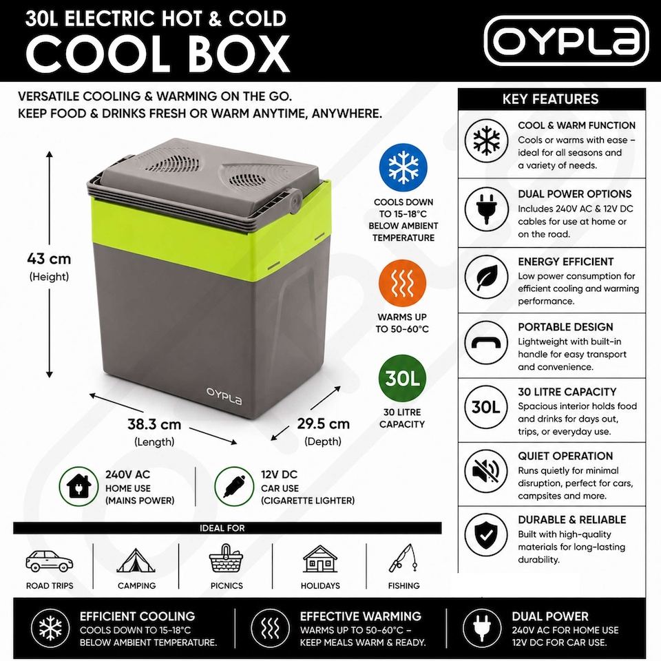 image 1 of 30L 240V AC & 12V DC Coolbox Hot Cold Portable Electric Cool Box | Green