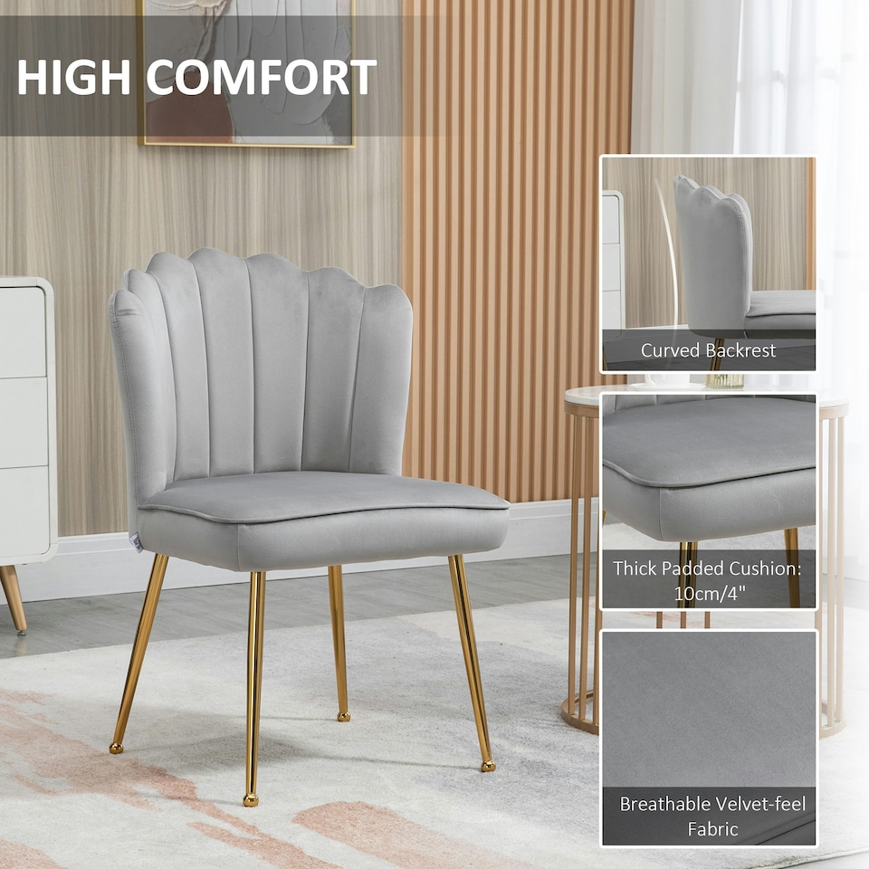 image 1 of HOMCOM Velvet-Feel Shell Accent Chair Home Bedroom Lounge Metal Legs Grey