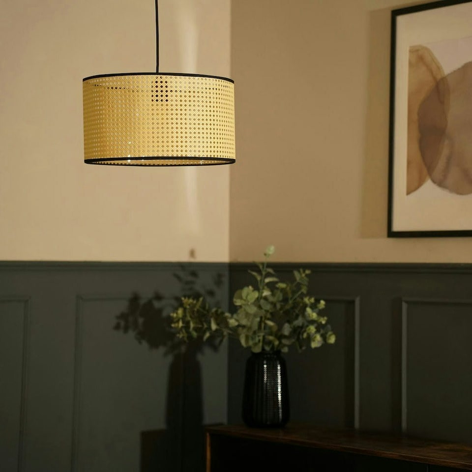 image 1 of ValueLights Reni Medium Wood Cane Natural Ceiling Pendant Shade Cream