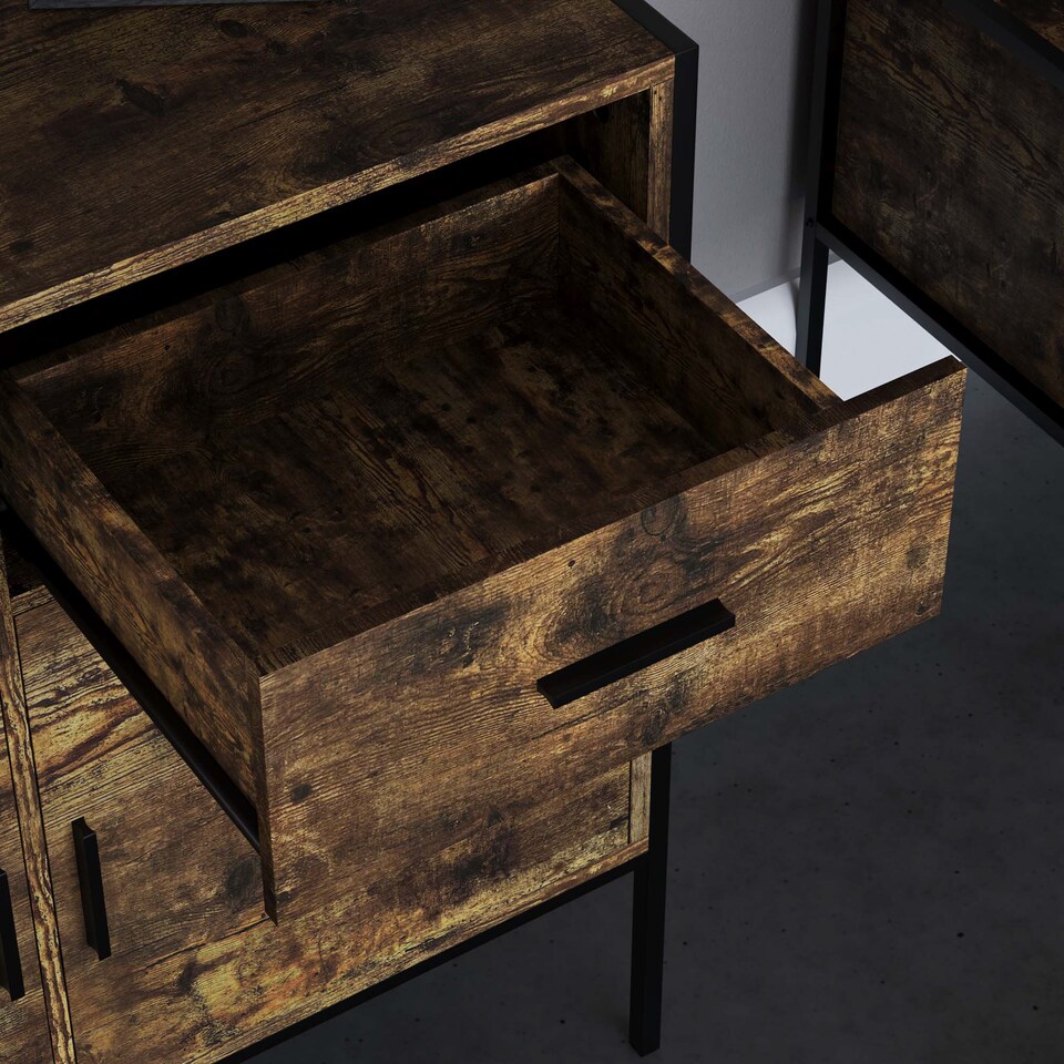 image 1 of Vida Designs Brooklyn 2 Door 2 Drawer Sideboard Industrial Buffet Cabinet Storage, Dark Wood | Black | Dark Wood | 1