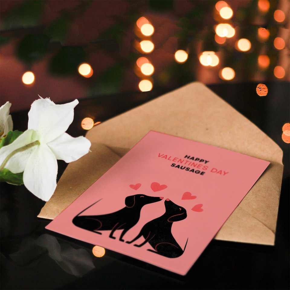 image 1 of Sausage Dog Kiss Happy Dachshund Illustration Valentine's Day Card