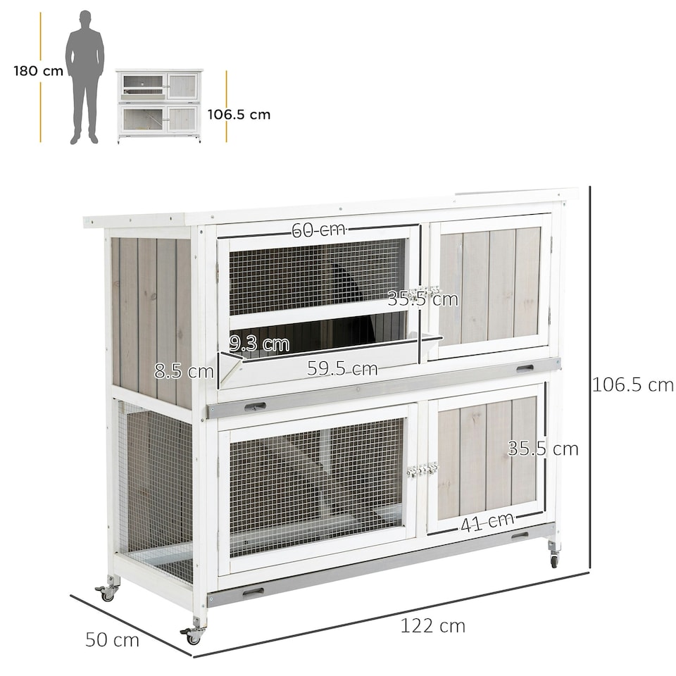 image 1 of PawHut Two-Tier Wooden Rabbit Hutch, with Wheels, Trough, Rain Cover, Tray