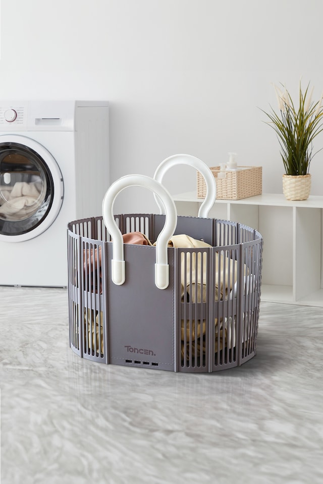 image 1 of Living and Home Foldable Plastic Laundry Basket, Grey | Grey