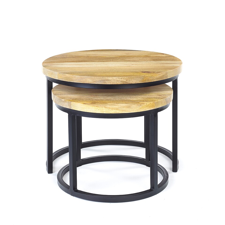image 1 of Wooden Light Oak Finish Black Metal Round Nest Of Two 2 Tables End Side Lamp H48 x W55.5 x D55.5cm